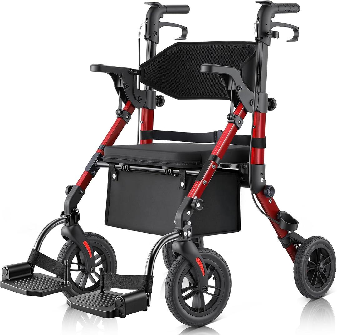 Walkers for Seniors with Seat, Walker Wheelchair Combo, 2 in 1 Rolling Walker Transport Wheelchair Lightweight Foldable, 10" Big Wheels Transport Chair with Brakes,Red