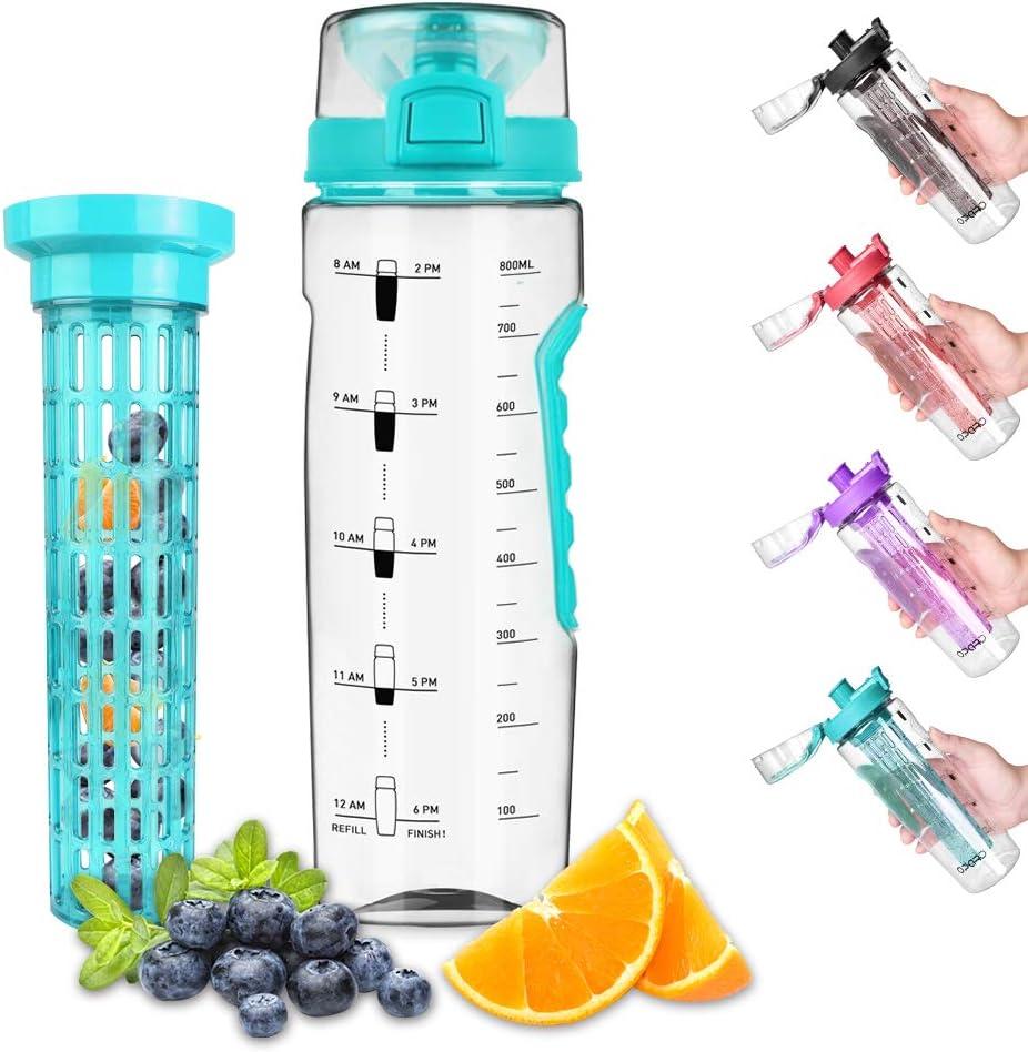 Opard Water Bottle with Time Marker, 30 oz Sports BPA Free Plastic Reusable Fruit Infuser Water Bottles with Handle, Leak Proof Flip Top Lid, Infusion Rod, Cleaning Brush and Recipe (Cyan)