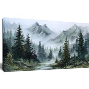 Tarfupth Large Misty Forest Wall Art for Living Room Green Nature Mountain Landscape Canvas Artwork with Trees and River Nature Art for Bedroom Office Home Decor 20x40 Inch, 20L" x 40W"