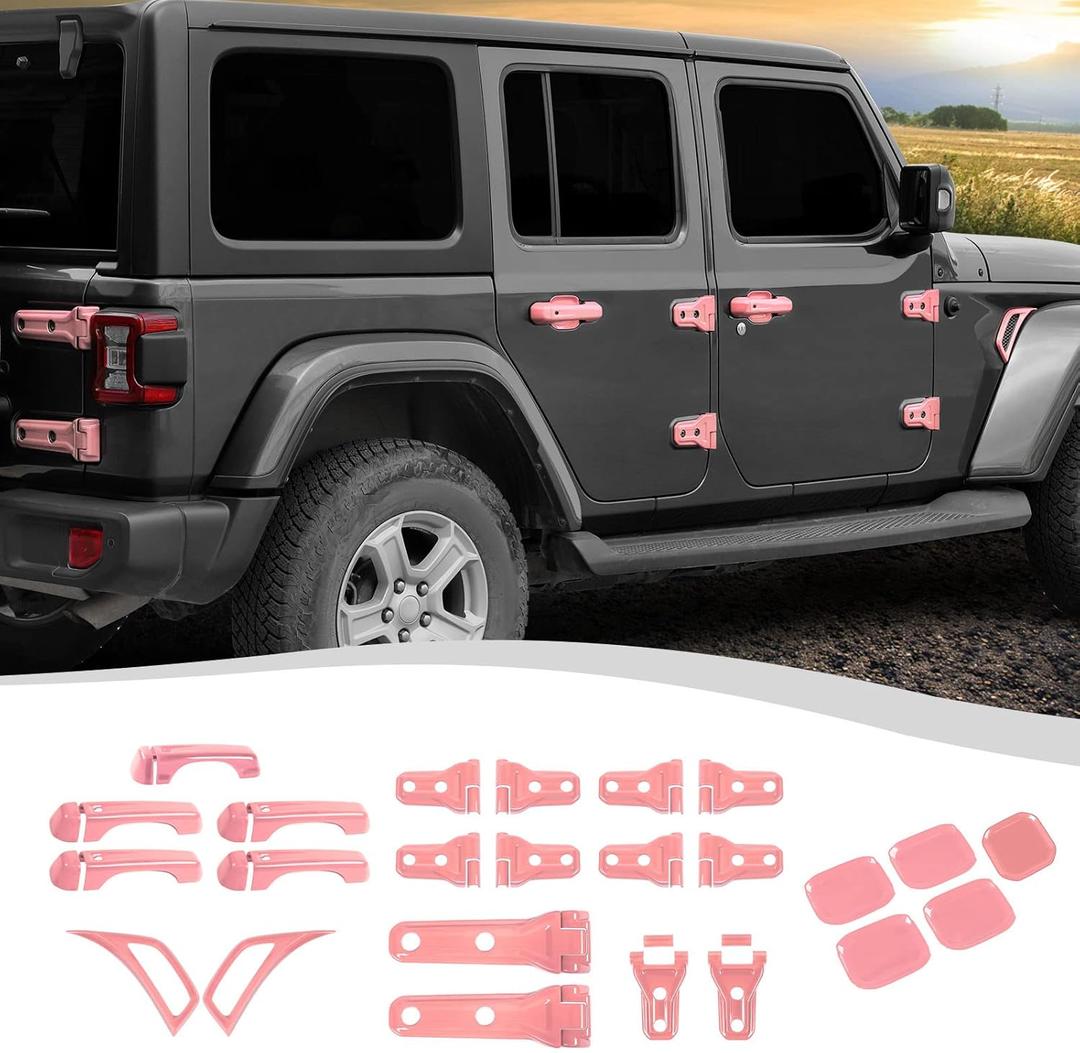 24PCS Full Set Exterior Decoration Trim Kit Fit for 2018-2026 Jeep Wrangler JL JLU 2/4 Doors, Door & Hood Hinge Covers Door Handle Side Vent Tailgate Hinge Cover Trim(Pink)