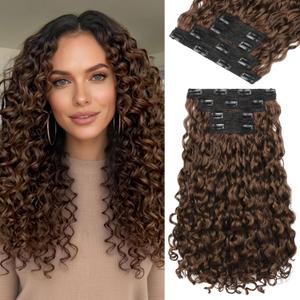 REECHO Curly Hair Extensions - 4PCS 18" GoGo Curly Clip in Hair Extensions 100% Super Protein Hairpieces with Invisible Lace Weft Silky Soft Natural Look for Women - Golden Brown