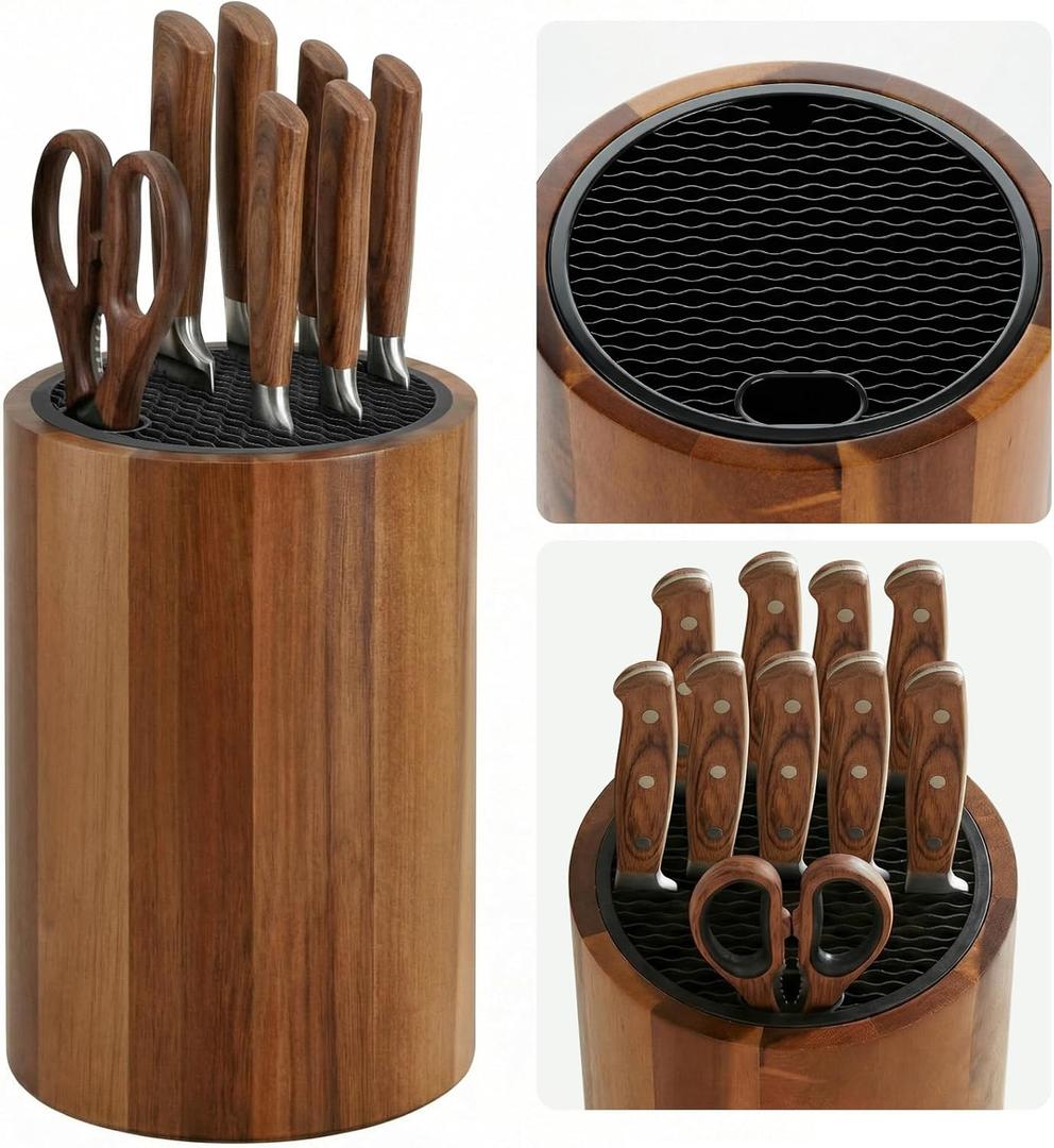Ninonly Universal Knife Block Holder, Round Wooden Countertop Knife Block Without Knives, Acacia Wood Knife Storage for Kitchen Steak Knives, Scissors & Sharpening Rod