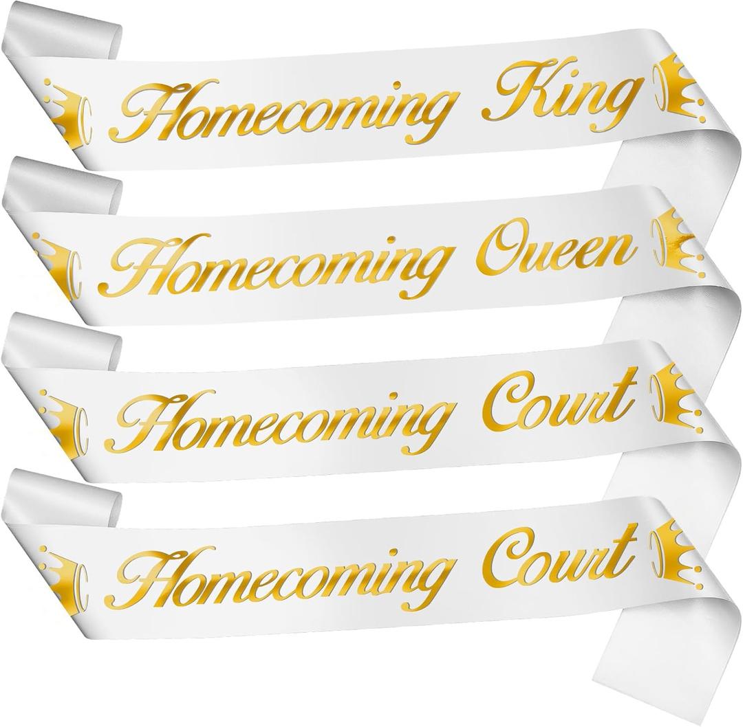 8 Pcs Homecoming Court Sashes Set School Dance White Gold Print Prom Court Sash for School Dance Party Halloween Wedding Pageants Ceremony Accessories