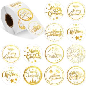 500 Pieces Outus Merry Christmas Stickers Labels Christmas Circle Label Envelope Seal Sticker 1.38In Adhesive Xmas Decor Supplies with Snowflake Elements for Envelope Bag(Transparent)