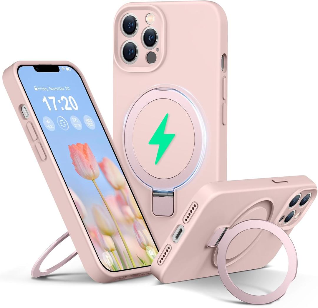 Liquid Silicone Case for iPhone 12 pro with Magnetic Ring Stand, Upgraded Camera Lens Protection, Mil-Grade Drop Shockproof, Anti-Scratch Microfiber Lining Silicone Case (Pink)