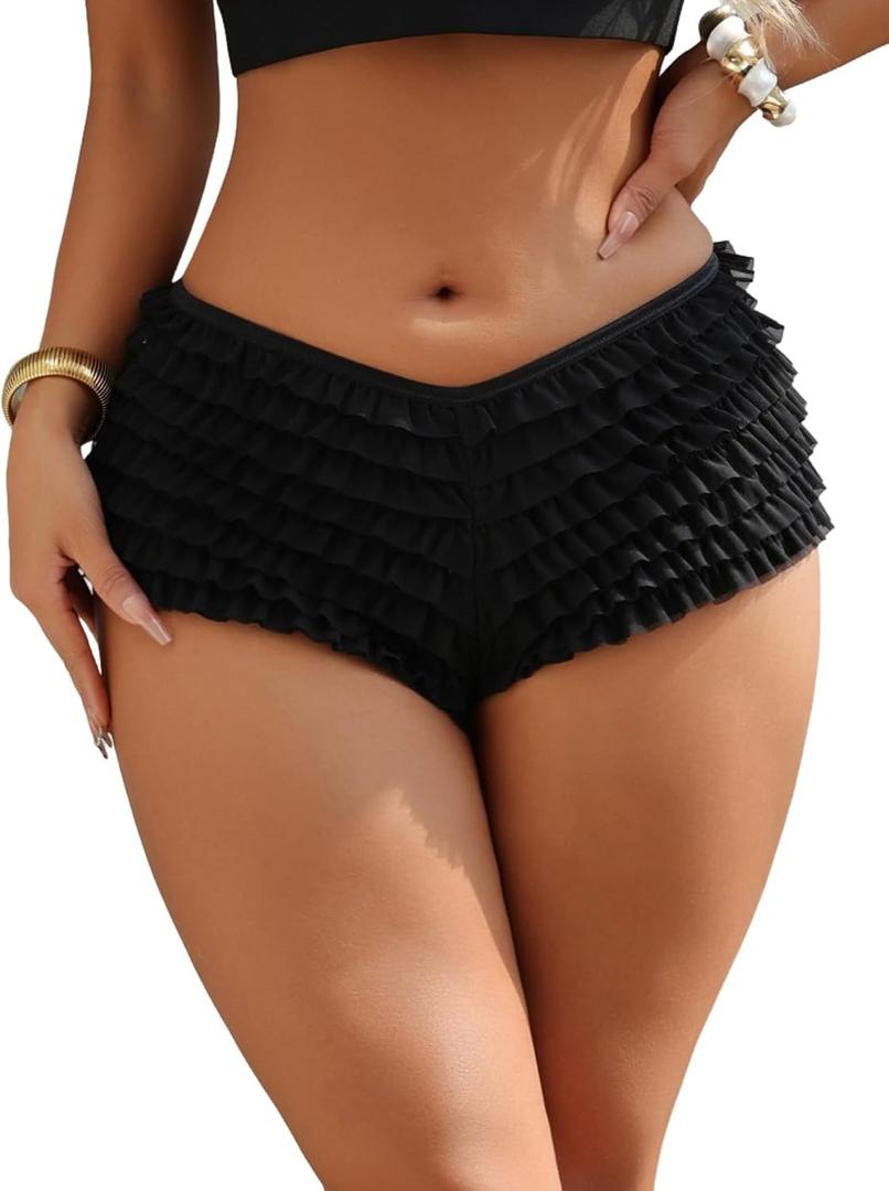 ohyeah Women Lolita Bloomers Ruffle Shorts Micro Shorts Cotton Soft Y2k Cute Fairy Pajamas Bottoms Low Rise 3XL (Black)