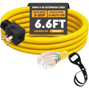 Kanayu 6.6FT NEMA 5-20 Extension Cord, 5-20P Male Plug to 5-20/5-15R Female Receptacle, 20 Amp T-Blade Outlet Extension Power Cord with Indicator Light, 12 AWG, ETL Listed