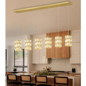 6-Lights Rectangle Modern Crystal Pendant Lights for Kitchen Island LED Dimmable Glam Pendant Lighting Chandelier for Dining Room Hallway Corner Lamp Gold