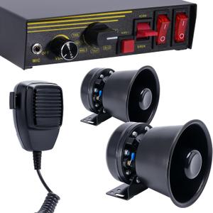 12V 400W Police Siren 9 Tones Warning Emergency Siren PA System with Handheld Microphone - 2Black Steel Speaker Horn