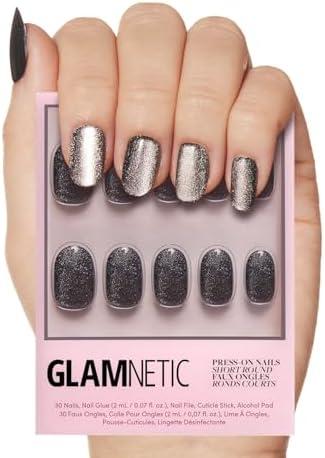 Glamnetic Press On Nails - Galactic | Short Round Shimmery Pewter Glittered Nails with a Glaze Finish | 12 Sizes - 30 Nail Kit with Glue