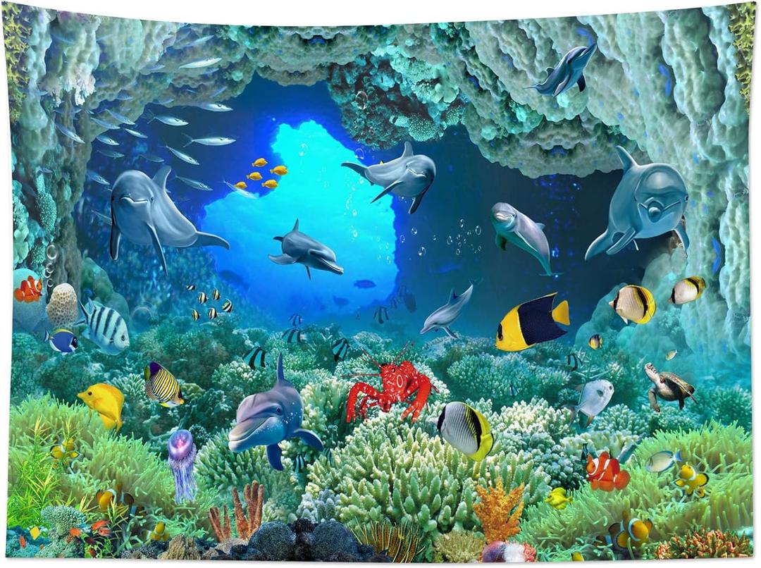 HVEST Blue Ocean Dolphin Tapestry Tropical Fish and Coral Reef in Cave Under Deep Sea Tapestry Wall Hanging Ocean Wall Art for Kids Bedroom Living Room Dorm Birthday Party Wall Decor,80Wx60H inches (Yellow)