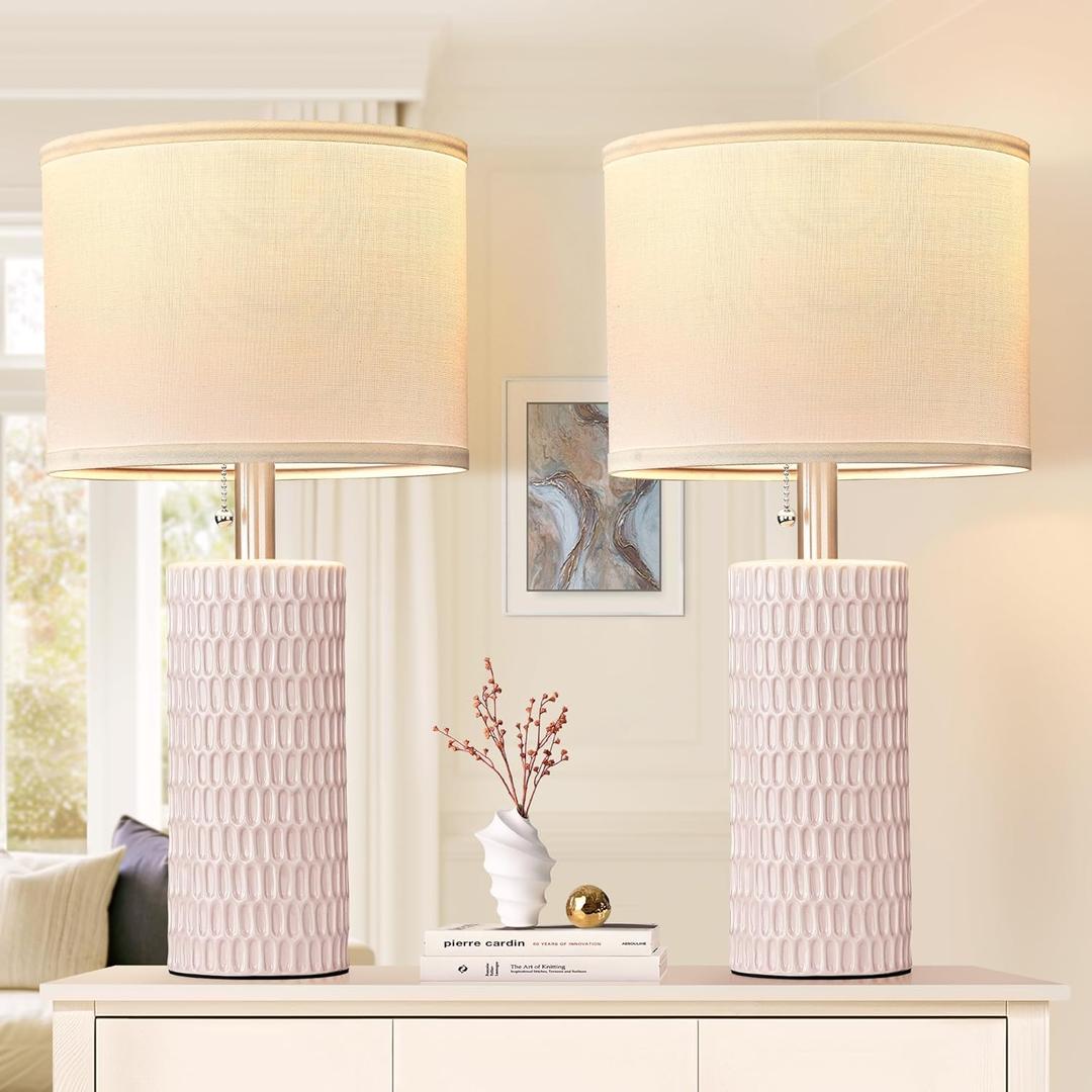 Table Lamps for Living Room Set of 2, Ceramic Table Lamps for Bedroom, 20" Modern Lamps for Night Stands, Pink