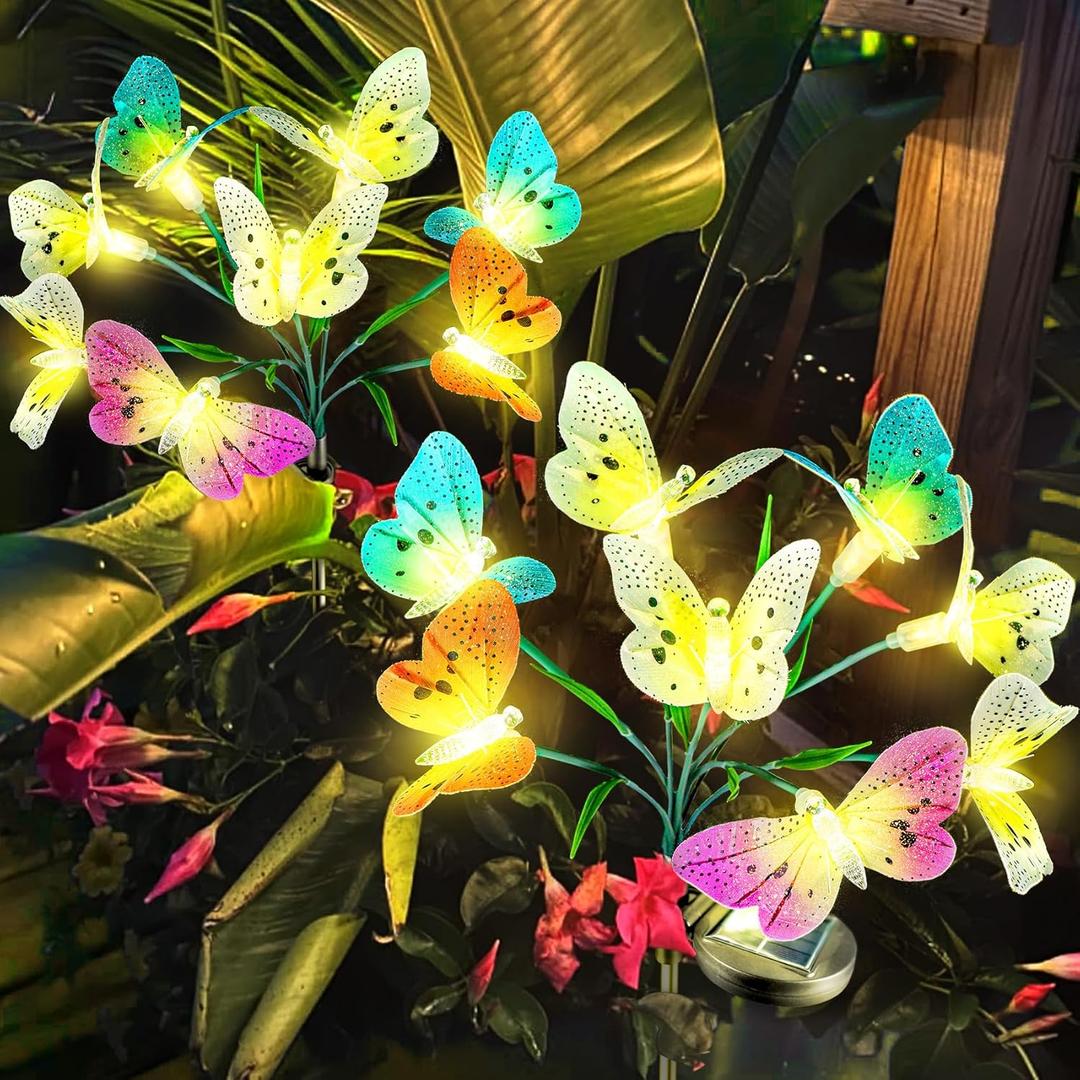 Anordsem Solar Garden Lights Outdoor: 8 Removable Fiber Optic Fabric Butterflies 2 Pack - Waterproof Fun Animal Decoration for Yard Patio - Gardening Gifts for Garden Lovers (Butterfly)