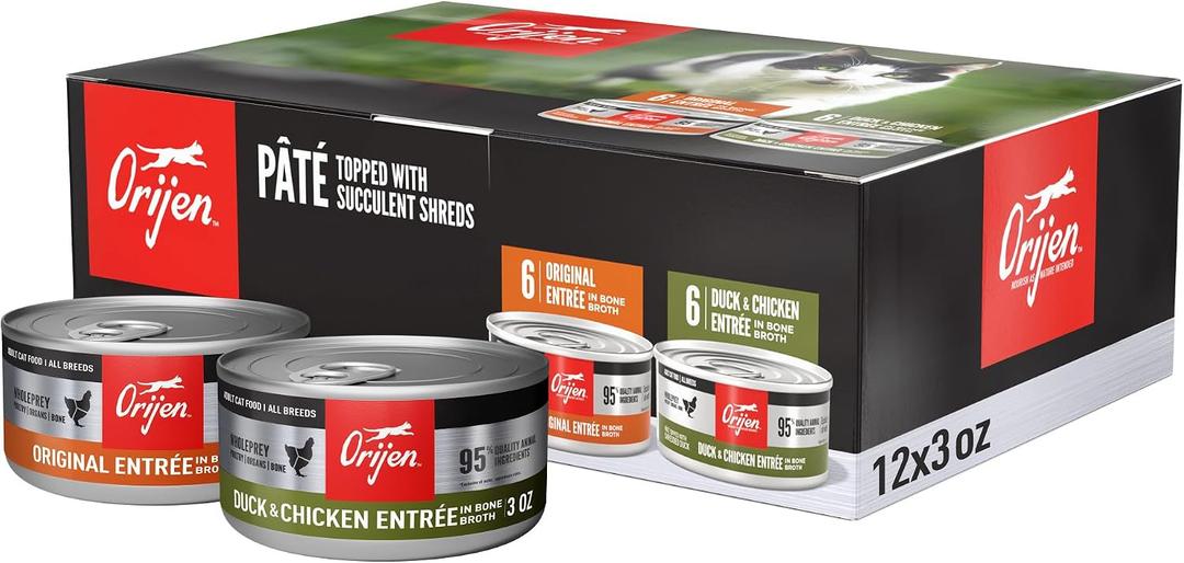 ORIJEN Premium Pate Wet Cat Food Variety Pack: Original + Duck & Chicken Recipes 3oz Cans (12 Count, 6 of Each) (EXP 07/16/26)