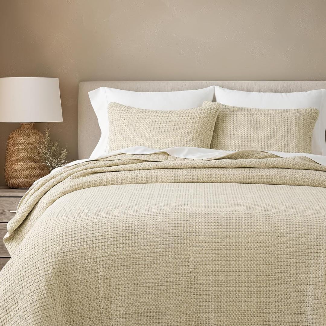 EverGrace Stonewashed 100% Natural Cotton Waffle Quilt Set King Size 3 Pieces, Durable, Textured & Substantial Bedding, Quilted Coverlet Bedspread with 2 Shams for All Seasons, Natural