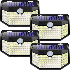HMCITY Solar Lights Outdoor 120 LED 3 Lighting Modes,Motion Sensor Wall Lights, IP65 Waterproof Solar Powered Wall Lights for Garden Deck Lights (Front Button 4Packs, Black Shell-Daylight White)