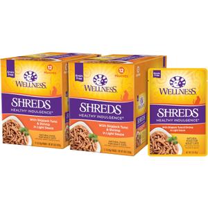 Wellness Healthy Indulgence Shreds Adult Wet Cat Food, Natural, Protein Rich, Grain Free, Tuna and Shrimp Recipe, 3 oz, Pack of 24 Pouches (EXP 06/01/26)