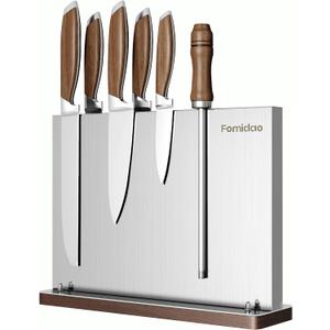 Magnetic Knife Block,Stainless Steel Magnetic Knife Holder Rack for Kitchen Counter,Strong Double Sided Magnet Knife Storage Stand with Wood Base