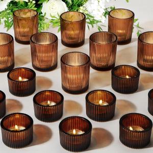 20pcs Assorted Votive Candle Holders for Tea Light Candles, Amber Glass Tea Light Candle Holders Set, Decorative Ribbed Tealight Holder for Wedding Table Decor, Dining Room, Valentine's Day, Birthday