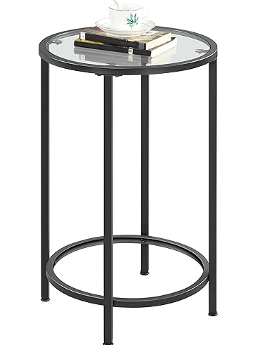 Round End Table, Tempered Glass Sofa Side Table, Black Coffee Table for Office Bedroom Living Room, Metal Frame, Modern Decor, 54x54x7 CM