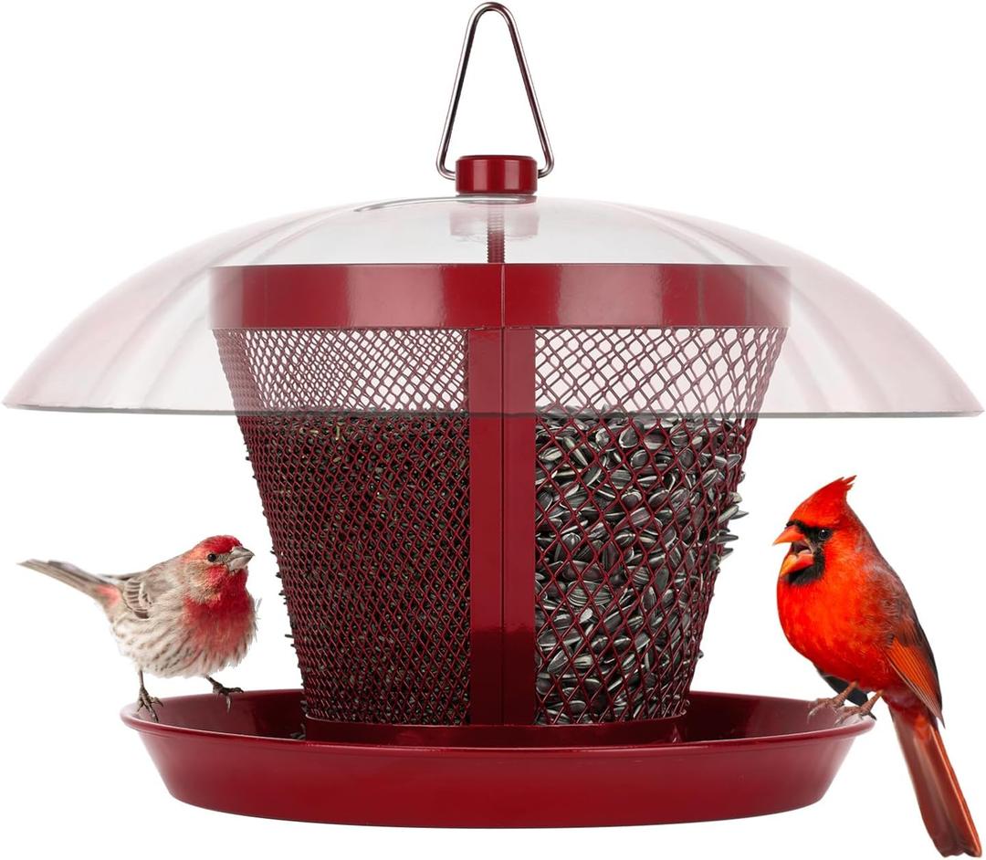 Kingsyard Bird Feeder for Outside, Dual-Use Metal Mesh Wild Bird Feeder with Weatherproof Dome Dual, 2.5 lbs Seed Capacity for Finch Cardinal (Red)