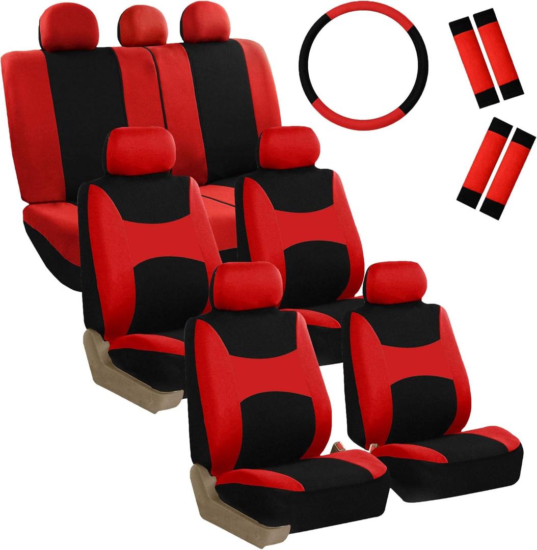 FH Group Light & Breezy Cloth Car Seat Covers, 7 Seater Three Row Set- Airbag & Split Ready -Universal for Cars Trucks and SUVs (Red/Black)