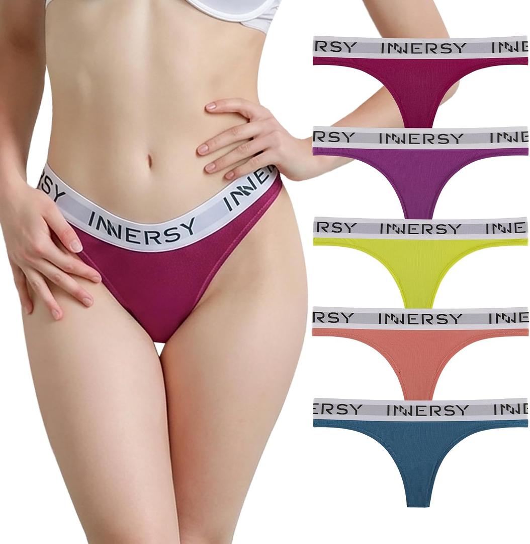INNERSY Womens Thongs Underwear Cotton Sporty Thong Panties 5-Pack (S)