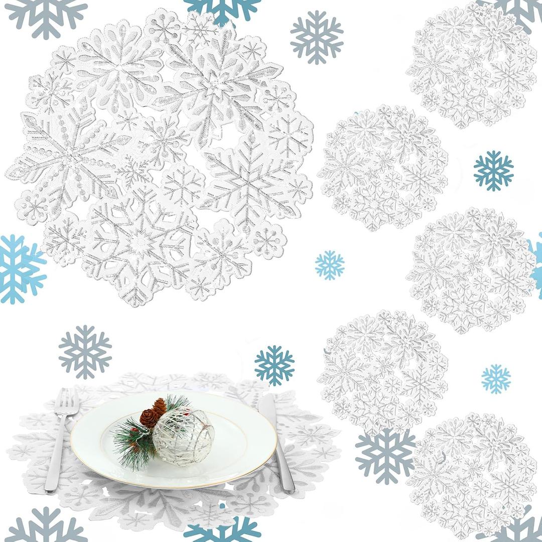 Yingzhao 6 Pcs White Christmas Snowflake Placemats Embroidered Table Placemats Washable Round Snow Flake Table Mats for Xmas Party Winter Holiday Wedding Dinner Decoration