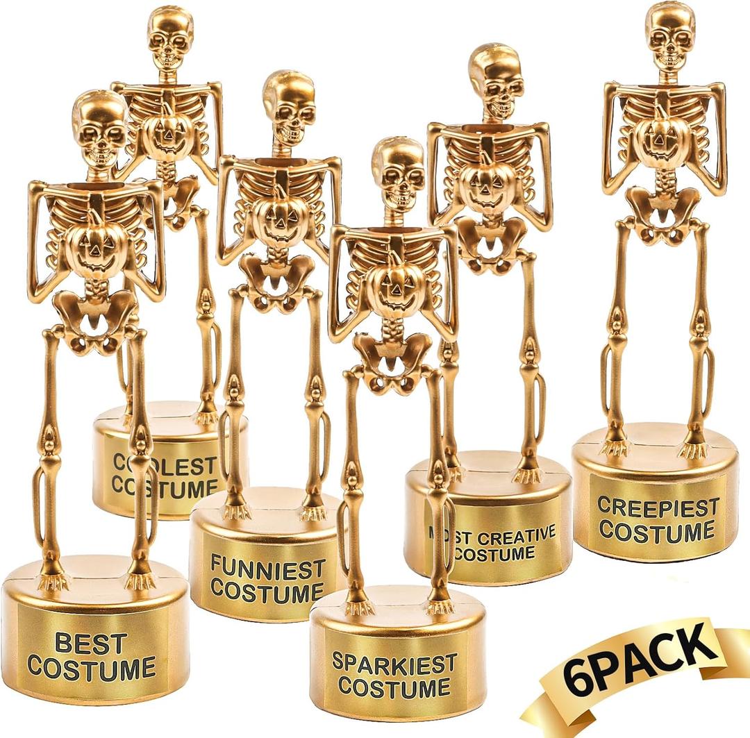 FOIMAS Halloween Best Costume Skeleton Trophy,6 Pack Halloween Skull Costume Contest Awards Gold Bones Game Prize for Kids Adult Halloween Costume Event Trophy School Classroom