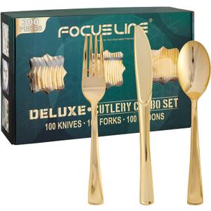FOCUSLINE 300 Count Gold Plastic Silverware Set - 100 Forks, 100 Knives, 100 Spoons - Heavy Duty Plastic Cutlery Set Disposable Flatware for Catering, Parties, Dinners, Weddings