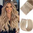 Invisible PU Hole Weft Human Hair Extensions Seamless Skin Weft Bead Hair Extensions for Women Dual-Use Tape in Weft Hair Extension 8PCS 70g 18/613 Highlight Blonde Real Human Hair (8Pcs,18 Inch)