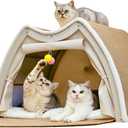 Cat Houses for Indoor Cats - 4 Seasons Cat Bed Cave with Natural Sisal Cat Scratcher Mat, Solid Wood Frame Cat House with Curtains and Cat Floor Scratching Pad Rug, Protect Couch and Carpets, M