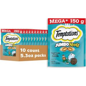 Temptations Jumbo Stuff Crunchy and Soft Cat Treats, Tempting Tuna Flavor, 5.3 oz. Pouch (Pack of 10), BB 11/2025