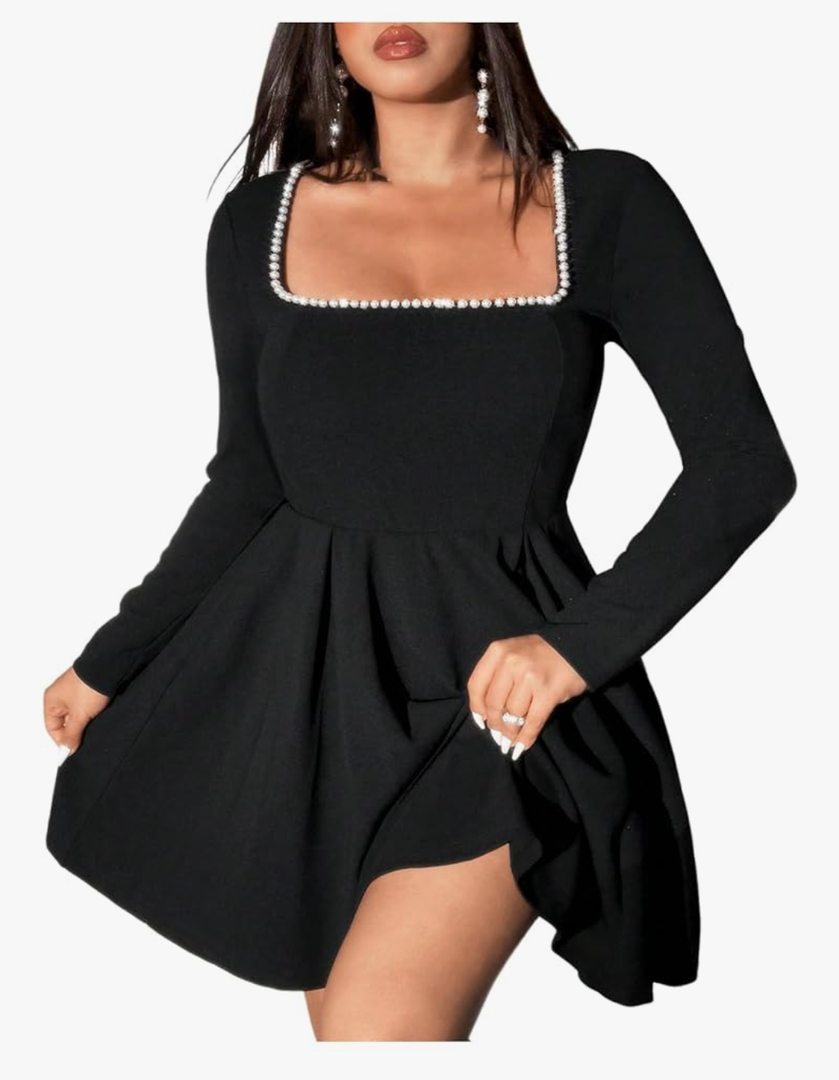 Women's Long Sleeve Mini Dress Pearl Square Neck Ruffle Hem Short Dress Bride Party Club Elegant Dresses M
