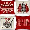 GEEORY Christmas Pillow Covers 18x18 Set of 4 for Xmas Decorations Buffalo Plaid Check Christmas Tree Joy Snow Pillow Cases Winter Holiday Throw Pillows Farmhouse Decor for Couch (Red)