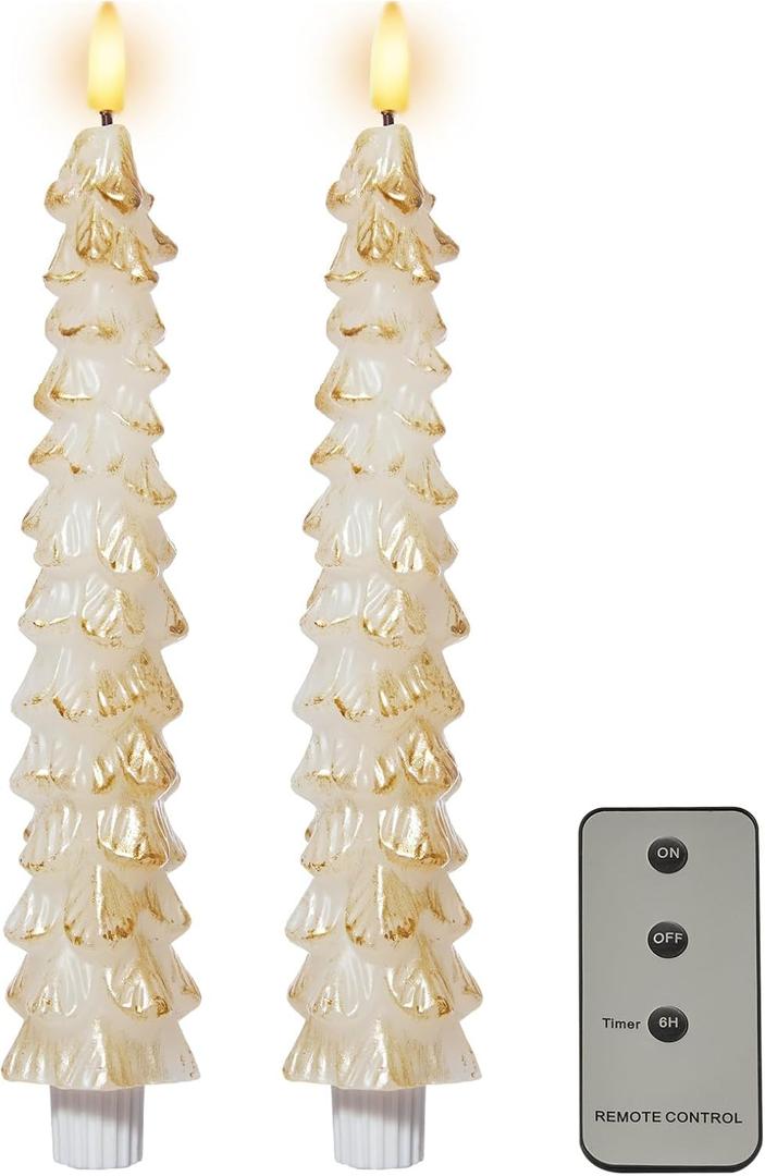 DN DECONATION LED Christmas Tree Candles Battery Operated with Remote, White and Gold Christmas Tree Shaped Flameless Taper Candles, Tall Candle Sticks for Xmas Table Decor Window Decorations 2PCS (Set of 2)