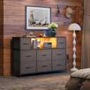 WLIVE Grey Dresser TV Stand for 45, 50, 55 inch TV, Entertainment Center with LED Lights & Charging Station, Chest of Drawers with 8 Fabric Drawers and Open Storage Shelves for Living Room, Hallway, 47.17" W X 11.73" D X 26.38" H