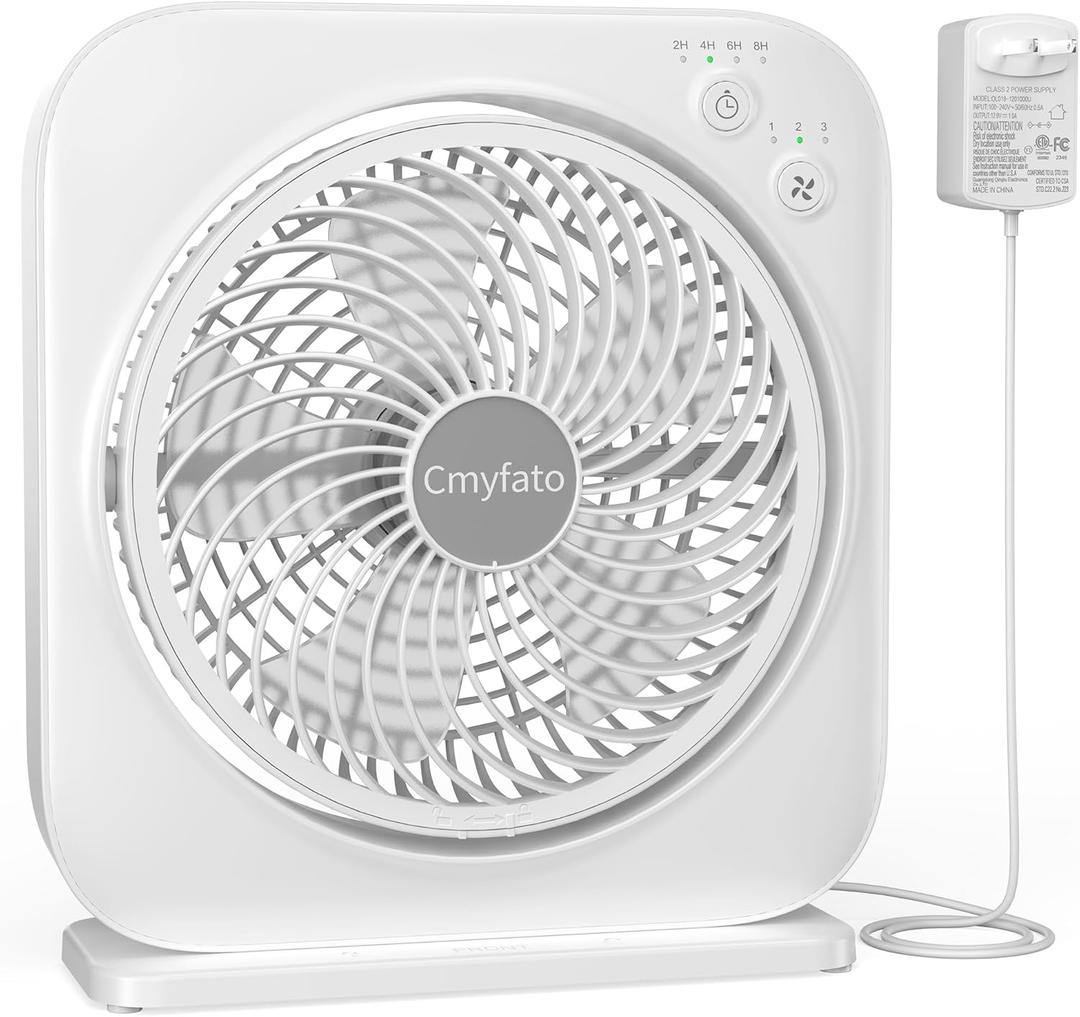 Portable Table fan, Window Fan, Small Box Fan with 3 Powerful Speed & 4 Timer Setting, 270 Pivoting Quiet Square DC Fan for Home Office Bedroom Bathroom Kitchen (White)
