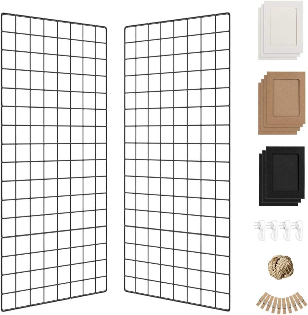 Wall Photo Grid Shelf, Wall Hanging Ins Art Display Grid Panel for Decor & Storage, Metal Wire Notice Boards & Memo Board, Mesh Tool Organiser, Wall Photo Frame 2 Pcs (Black, 15.7 x 31.5 inches)