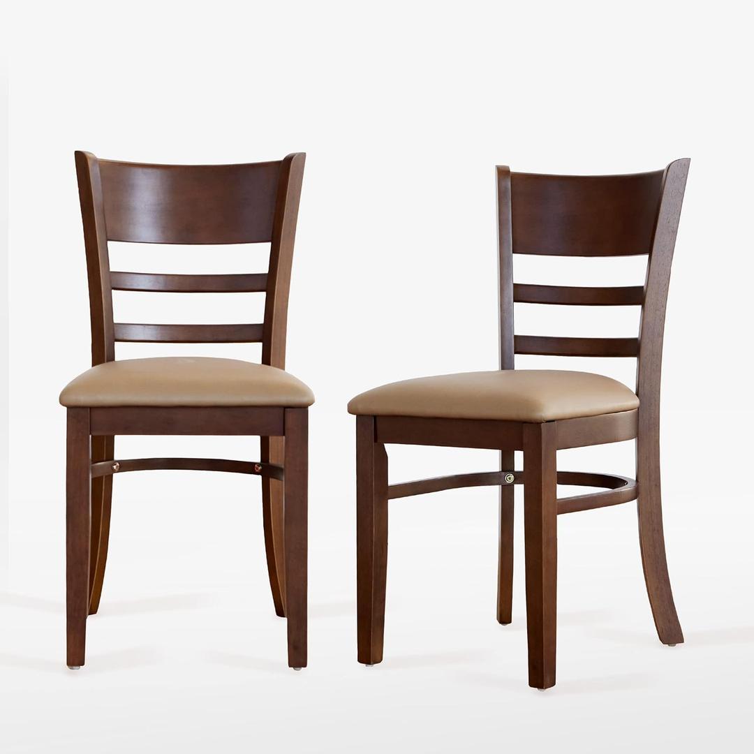 Livinia Cabin Dining Chair Set of 2, Solid Malaysian Oak PU Leather Upholstered Cushion Seat Wooden Ladder Back Side Chairs, Walnut 