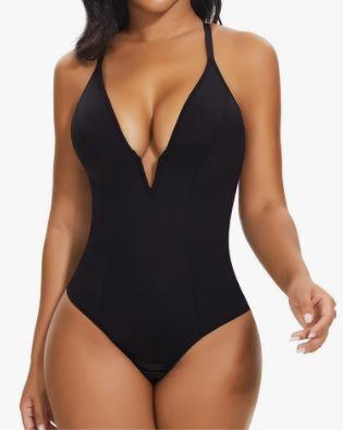 SHAPERIN Women's Deep V Neck Bodysuit Double Lined Plunge Tummy Control Shapewear Thong Body Suits Backless Cami Tank L