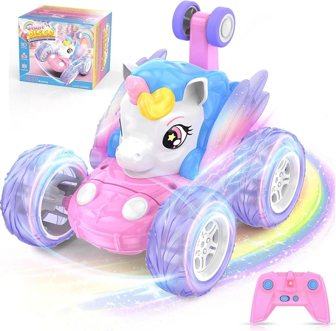 Unicorn Remote Control Car for Girls 3 4 5 6 7 8 Years Old, Birthday Gift | Pink Monster Truck with Colourful Light 360°Flip RC Stunt Car Rechargeable Kids Toy Present Juguete Carros Regalo Para Niñas