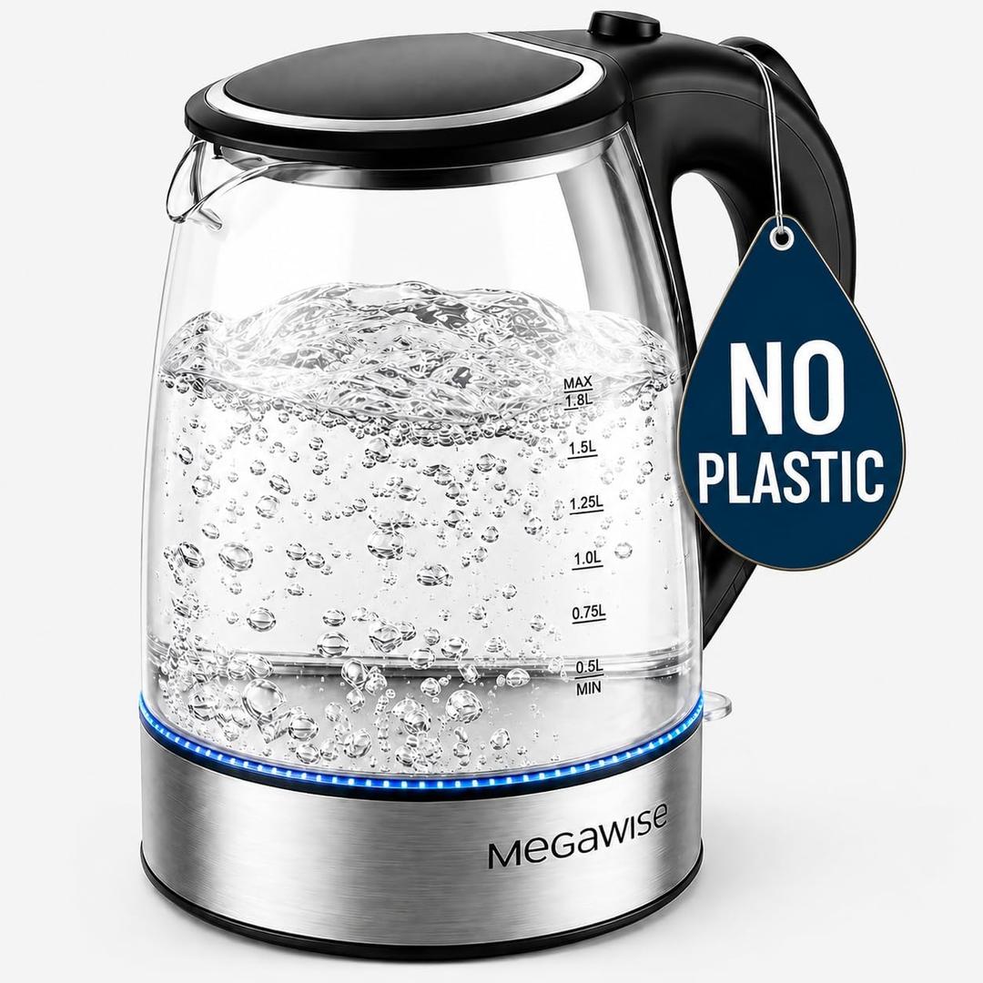 MEGAWISE Electric Kettle 1.8L, High Power Fast Boiling Hot Water Boiler, Auto Shut-Off, BPA-Free Food-Grade Material, Tea Kettle for Kitchen Home Office Coffee Tea (1.9 Quarts, Black)