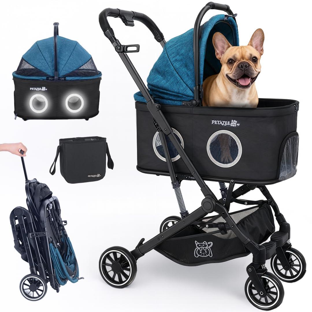 Pet Stroller for Small/Medium Dogs & Cats Up to 50 lbs, 3-in-1, Lightweight, Detachable Carrier, 360 Mesh Windows, Easy One-Click Fold, Reflective Trim, Storage Bag & Basket, Cup Holder, All-Terrain (Black Teal Turquoise)