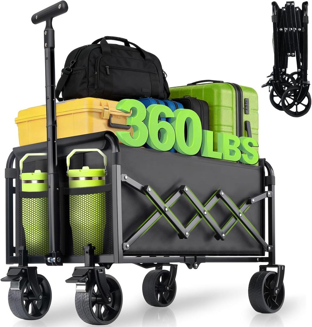 Collapsible Foldable Wagon Cart with Wheels - 360LBS Folding Utility Wagon Cart with Brakes, Lightweight Portable All-Terrain Wagons for Groceries Garden Beach Shopping Camping, 2 Cup Holders/Black