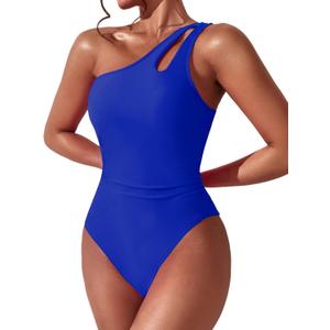 Women One Shoulder One Piece Swimsuit Tummy Control Bathing Suits Modest Full Coverage Cutout Swimwear (Medium, Royal Blue)