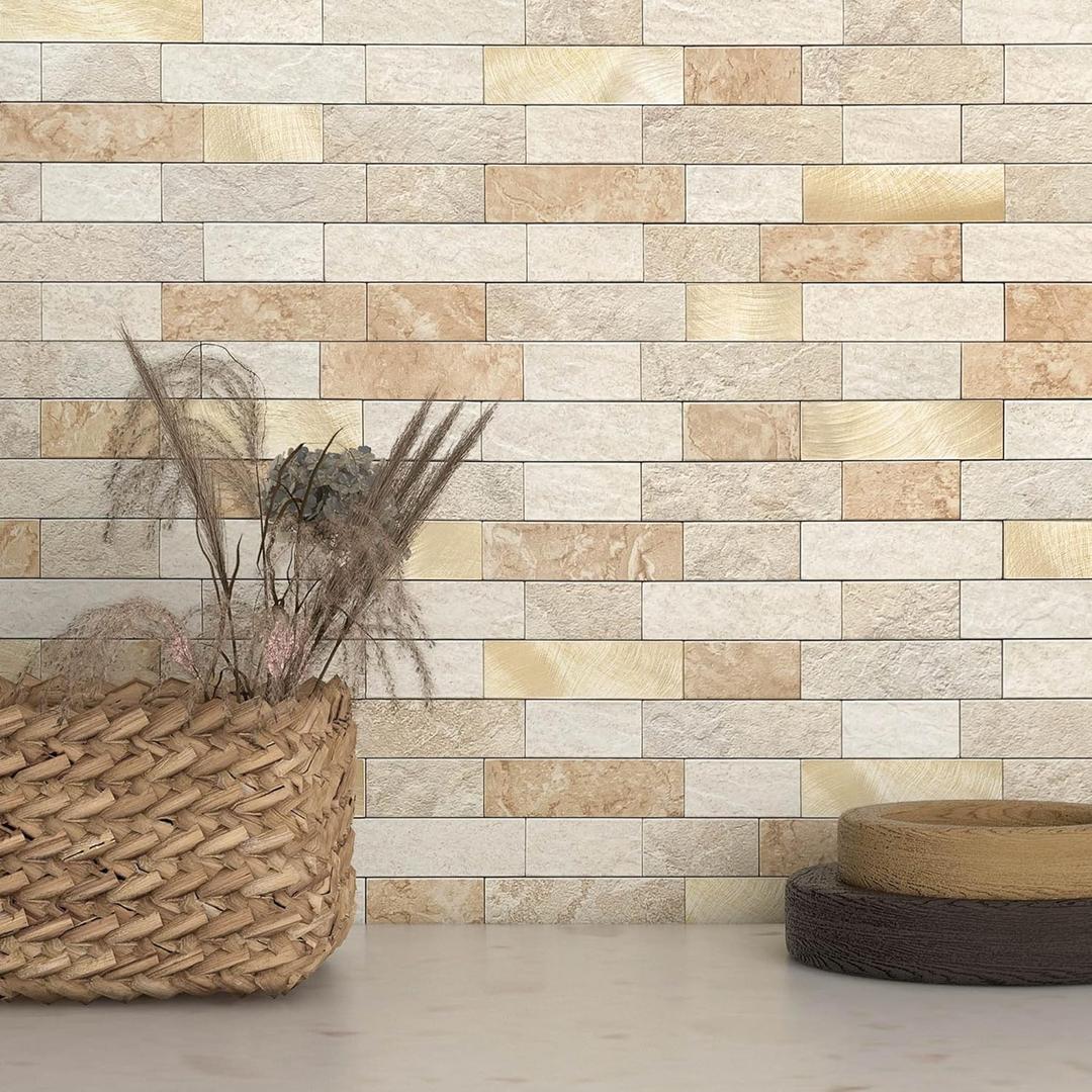 BeNice Kitchen Backsplash Peel and Stick Tile Stickers 3D Brick Matte,Linear Mosaic Sticky Tiles for Bathroom Shower Wall Fireplace Surround(10 pcs Brown)