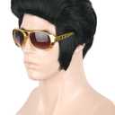 Men's Costume Wig Black Short Disco Wig 50s Rock Singer Wigs for Halloween Party Cosplay