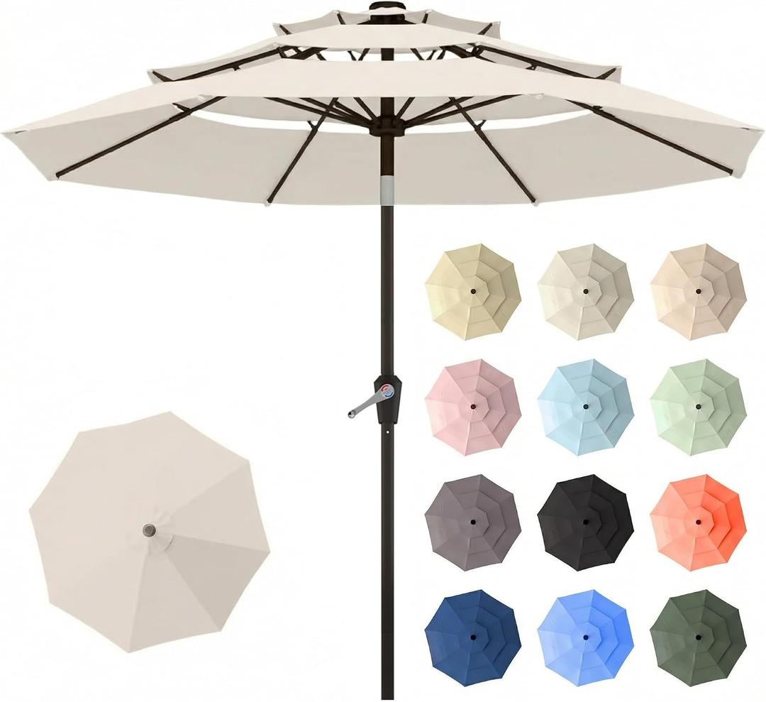 Patio Kingdom 10ft Patio Umbrella, 3 Tier Outdoor Market Table Umbrellas with 8 Fiberglass Ribs and Push Button Tilt, Windproof, Vented Canopy, UV Protection for Deck, Pool, Backyard, Cream White