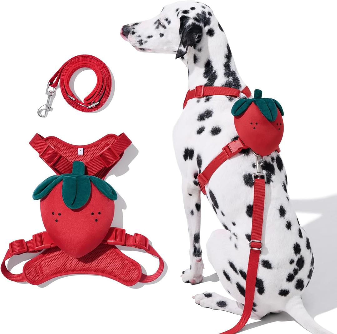VETRESKA Strawberry Dog Harness and Leash Set, No Pull Dog Vest Harness for Medium Large Dogs, Walking and Training, Adjustable, Easy Control and Soft Padded Pet Harness and Backpack (M)